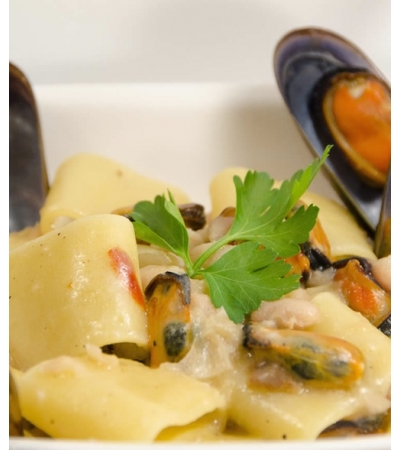 Mezzi paccheri con fagioli e cozze